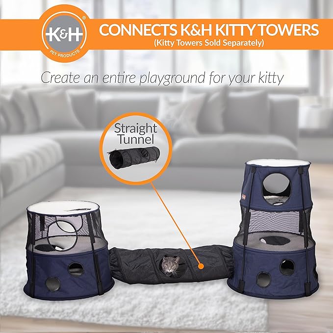 K&H Pet Products Cat Tunnel Tube Toy - Collapsible, Interactive Play Tube with Peek Hole for Indoor Cats, Kittens, Puppies, Rabbits; Compatible with K&H Cat Towers - Straight, Black 35" x 9"