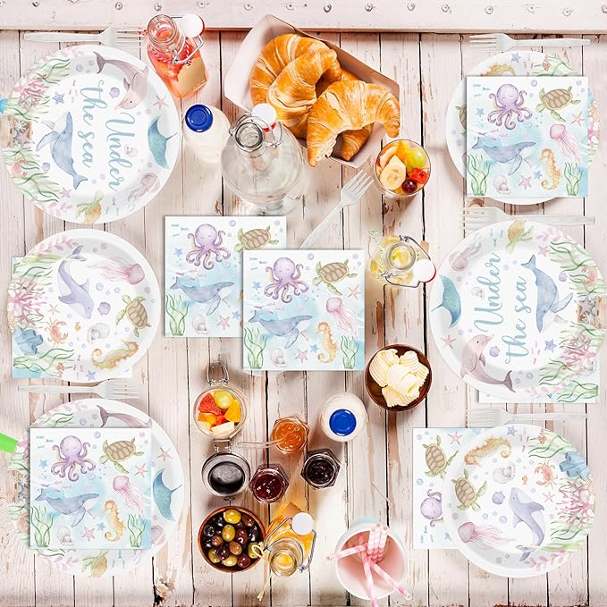 96 Pcs Under the Sea Party Decorations Ocean Plates and Napkins Sea Turtle Theme Tableware Set Decor Party Supplies for Birthday Wedding Baby Shower Sea Animal Party Favors for 24 Guests
