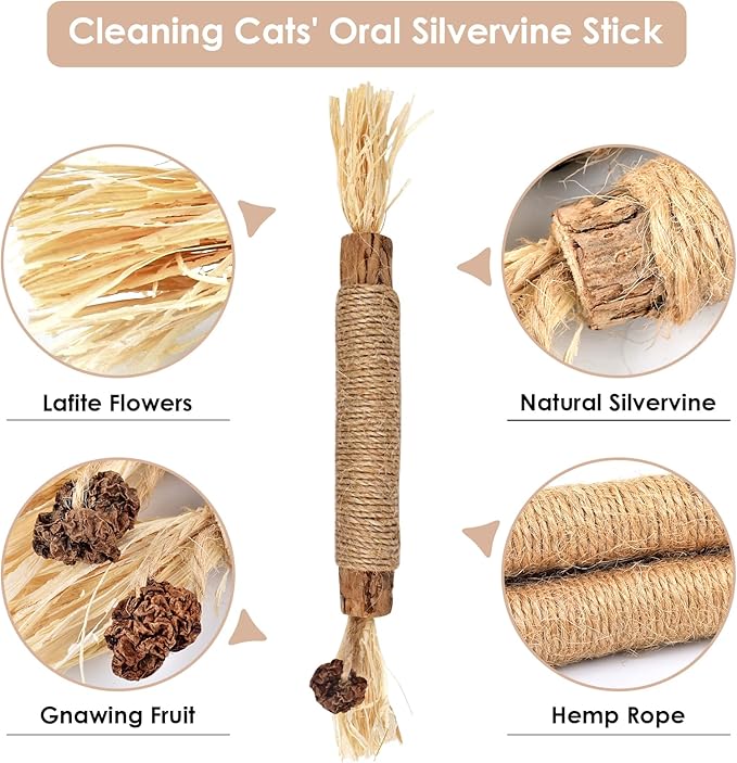 Bissap 10 PCS Silvervine Chew Sticks for Cats, Catnip Chew Sticks Cat Toys for Indoor Cat Kitten Teeth Grinding Interactive Feather Toys for Aggressive Chewers Dental Care