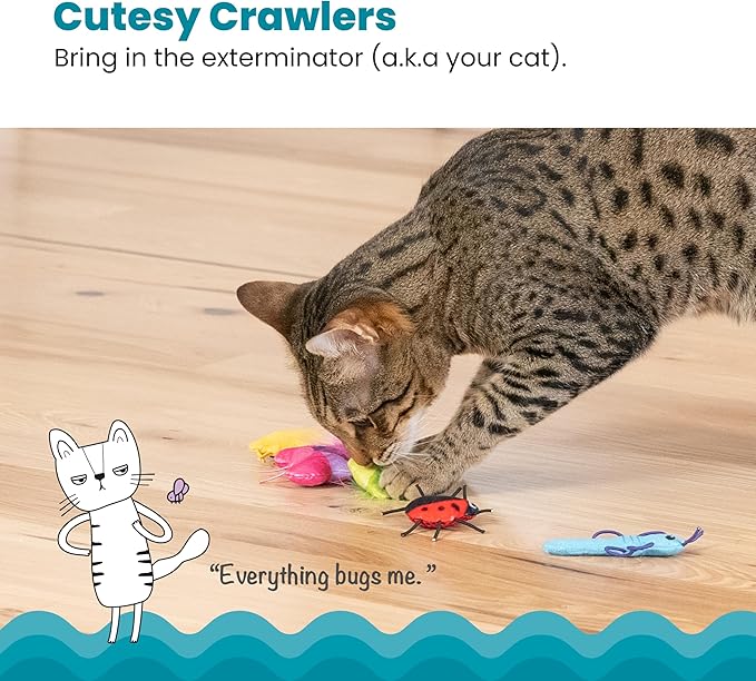 Catstages Cute As A Bug Plush Interactive Cat Toys, Bug Themed Kicker Catnip Toys with Feathers, Crinkle, Mesh, 6pk, Small, Multicolored
