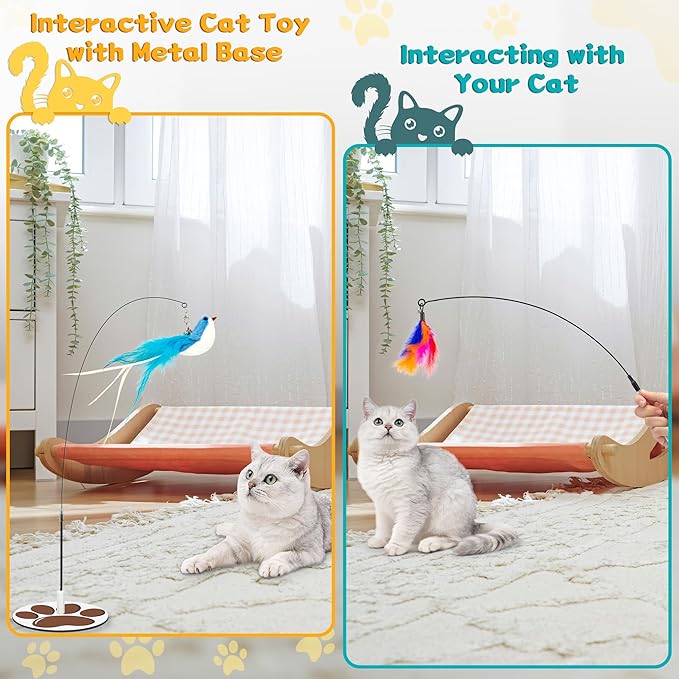 Interactive Cat Toy for Indoor,Metal Base Cat Toy,Cat Wand Toy Bird Simulation Toys Feather Toy 6 PCS Cat Toy Set