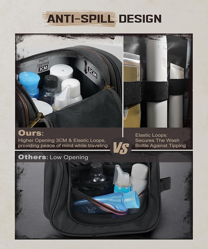 ARCFOX Travel Hanging Toiletry Bag for Men, Vintage Canvas Large Toiletry Bag with 7 Compartments, Camping Gym Travel Toiletry Kit Organizer with PVC Wet & Dry Pockets, Personalized Wash Bag, Black