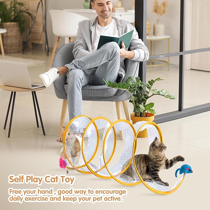 Abnaok Folded Tunnel Cat Toys, Interactive Indoor Cat Tunnels, Safe and Durable, Portable and Foldable, S-typed Spring Design