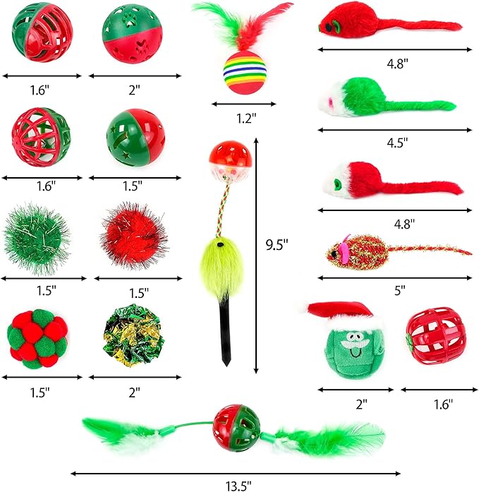 CHIWAVA 17 Pack Christmas Cat Toy Bag Set Assorted Toys Variety Pack Kitten Interactive Play