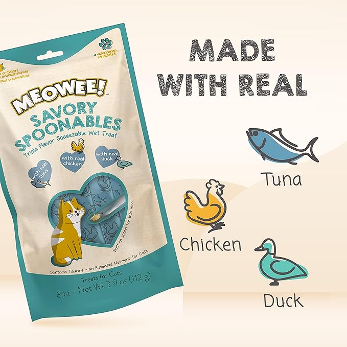 Savory Spoonables with Real Tuna, Chicken and Duck for Cats, 8 Count, Treat Your Cat to Triple Flavor Squeezable Lickable Wet Treats with Built-in Spoon for Less Mess