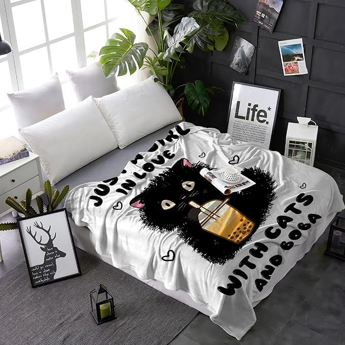 Just A Girl Love Cat Throw Blanket Super Soft Cozy Black Cat Blanket for Girl Kid Adult Cat Lovers Gifts Cute Pet Cat Fleece Blanket for Couch Bed Sofa Chair Home Decor 120"x 90"Extra Large for Family