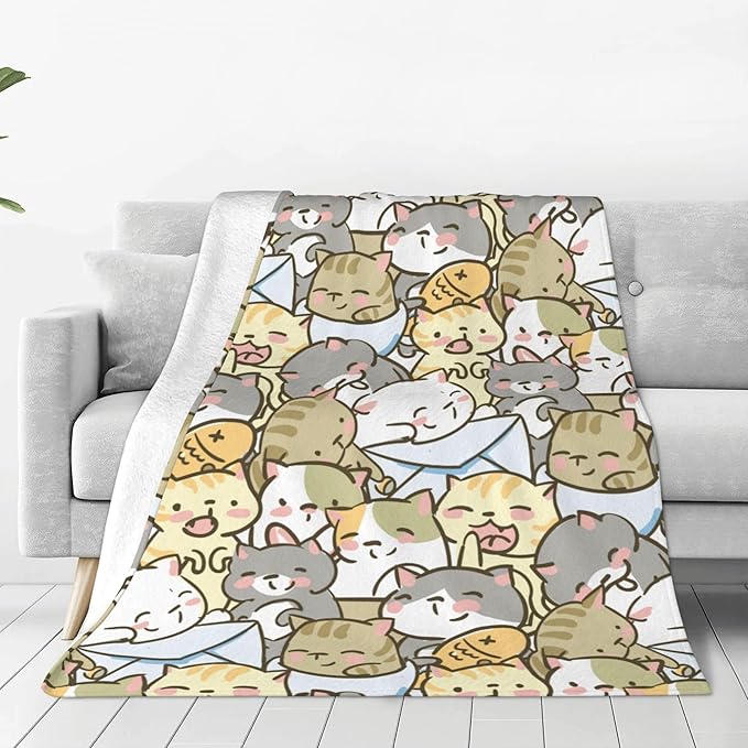 Cute Kids Cats Print Blanket Throw 60"X50", Plush Flannel Blankets with Cats On It, Gifts for Kids Women Cat Lovers People