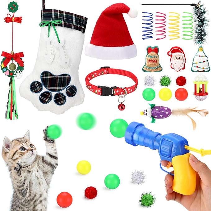 Supervitae 33 Pieces Christmas Stocking Cat Gun Toys Set, Christmas Interactive Cat Toys Set for Cats Xmas Gifts Holiday Party Outdoor Kitten Mouse Toy Plush Toy for Indoor Cats