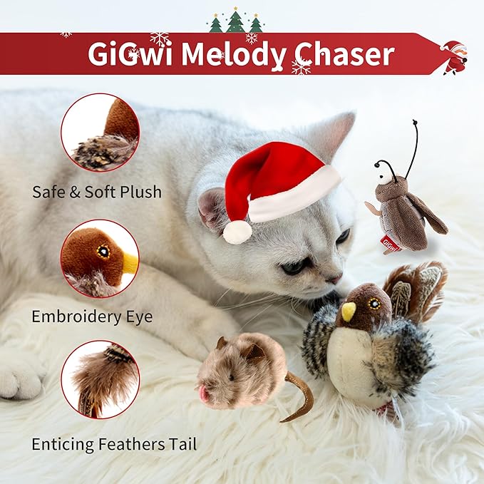 PETGEEK GiGwi Chirping Bird Cat Toys 3 Pcs- Melody Chaser Realistic Plush Cat Toys for Indoor Cats- Hangable Design Best Gift for Birthday, Thanksgiving, Christmas, New Year (Bird Mouse Cricket Set)