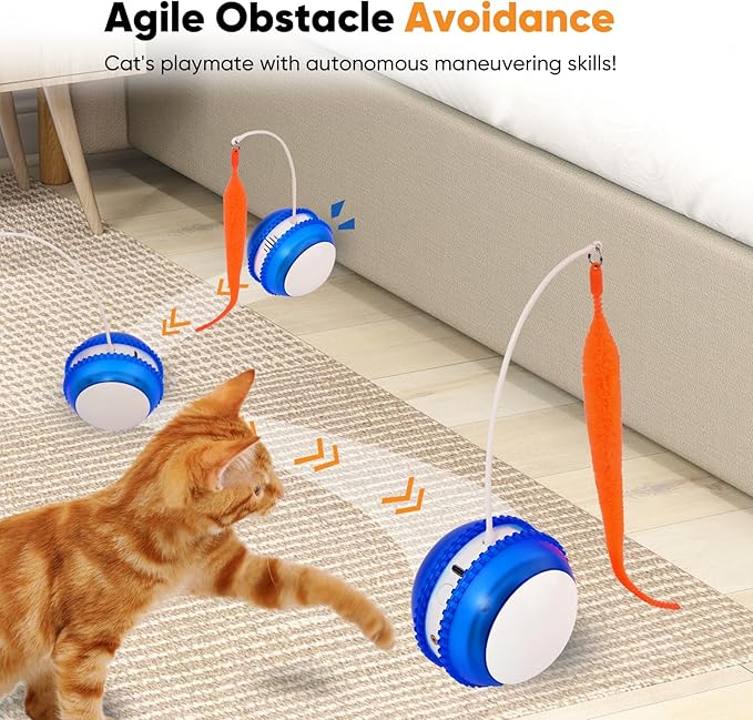 Petbobi Interactive Cat Toy Ball - Automatic Rolling Cat Laser Toys with 2 Fluffy Mice Tail, USB Rechargeable, Motion Activated Moving Ball Toy, Fast Rolling Ball for Indoor Cat, Simulation Bird Sound