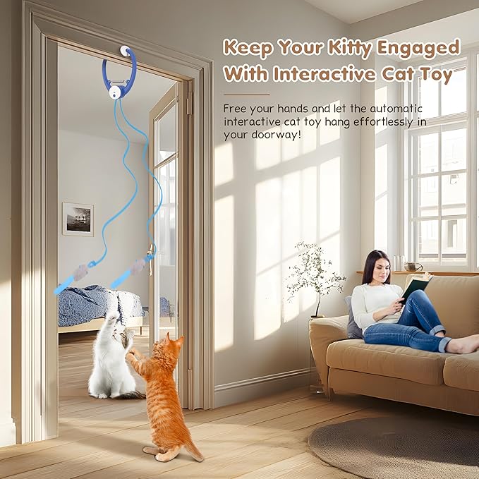 Cat Toys, Interactive Cat Feather Toys for Indoor Cats, Hanging Retractable Teaser Toy Kitten Play Chase Exercise, Automatic Kitten Mental Exercise Toys with Three Mices Plush Toy(Dark Blue)