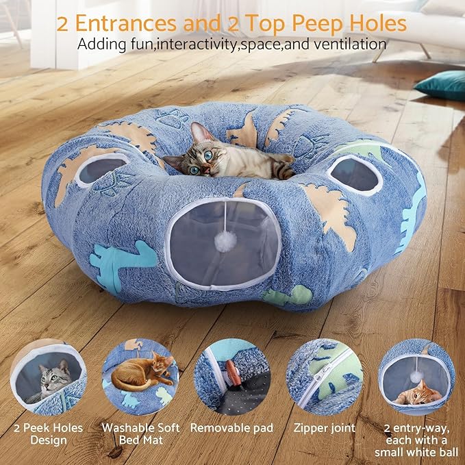 Foldable Cat Tunnel With Washable Cat Bed For Indoor Cats Christmas Tree Cat Tunnel,4entry Points Peekaboo Cat Cave Donut Tunnel,Multifunctional Cat Playground Toys Hideplace For Cats,Kittens