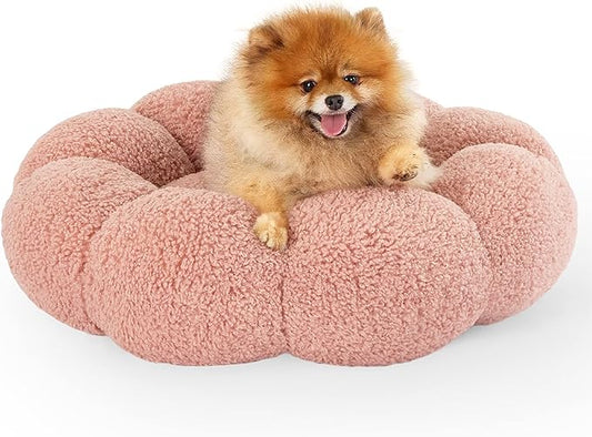 Lesure Calming Small Dog Bed - Flower Donut Round Fluffy Puppy Bed in Plush Teddy Sherpa, Non-Slip Cute Flower Cat Beds for Indoor Cats, Small Pet Bed Fits up to 25 lbs, Machine Washable, Pink 23"