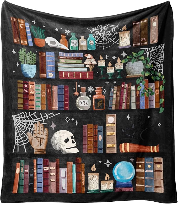 Book Lovers Gifts Witches Bookshelf Blanket,Halloween Skulls Black Cat Potions Cute Magic Goth Fleece Throw for Women Men,Flannel Blanket for Home Living Room Couch Bed Chair Dorm Decor 60"x50"