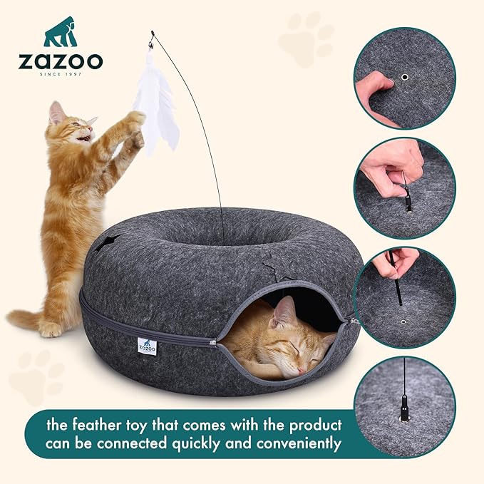 ZAZOO Peekaboo CAT CAVE, Large Size CAT Tunnel with Feather Stick and Playing Holes, Comfy CAT Donut, SCREATCH Resistance & Washable CAT Bed CAVE for Large & MULTIPALE Cats UP to 30LBS.