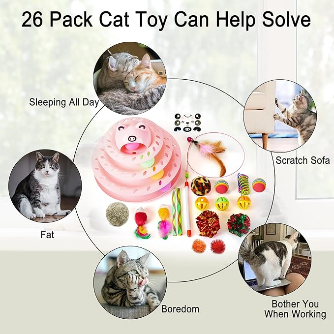 Suhaco 26 Pack Cat Toys Interactive for Indoor Cats Kitten Toy Fun Roller 4 Level Cat Teaser Ball Toys with 4 Colorful Balls Cat Feather Wand Kitty Toy Set for Boredom (Pink)