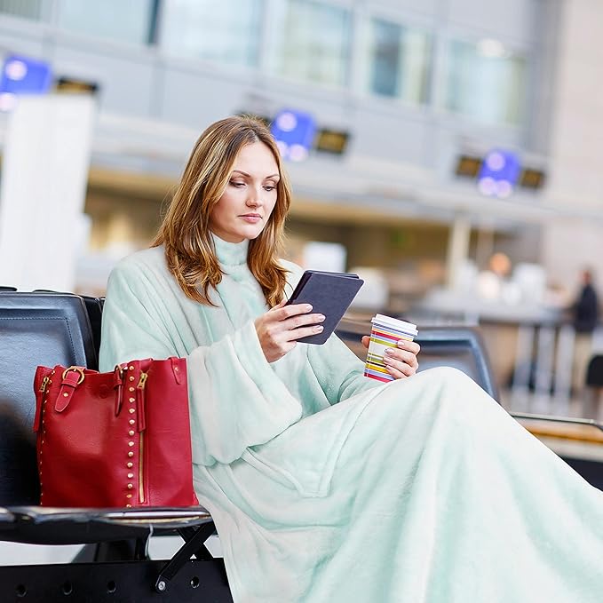 Solaris Travel Wearable Blanket with Sleeves, 2 in 1 Packable Airplane Pillow Blanket for Adult Women Men, Soft Cozy Warm Snuggy Body Blanket for Outdoor Indoor Home Lounge, Aqua