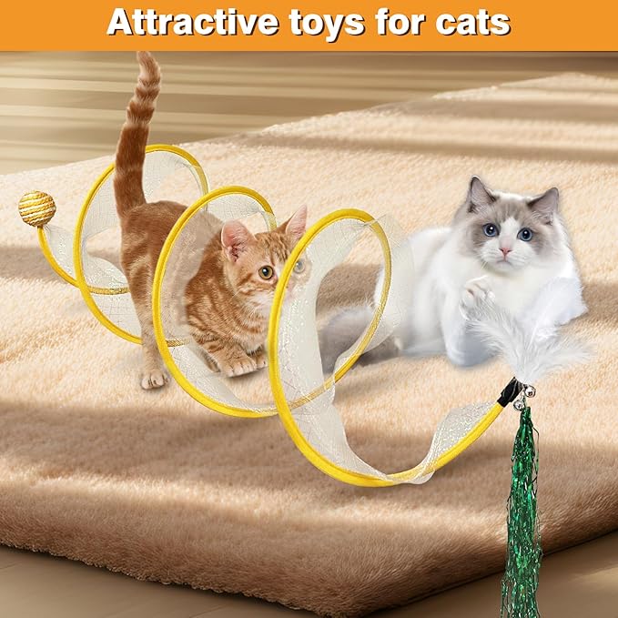 Folded Cat Tunnel Toy,S Type Cat Tunnel Toy Large, Cat Tunnels for Indoor Cats with Feather Plush Mice