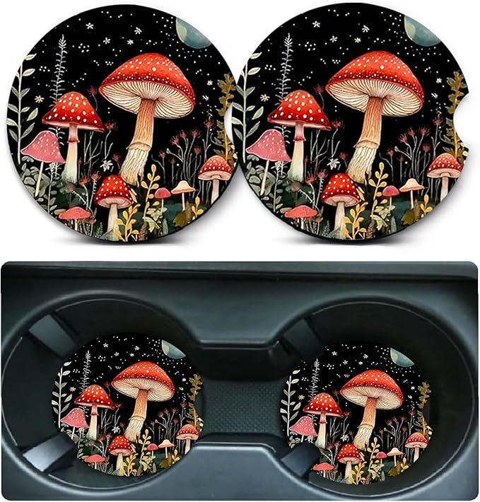 Car Coasters for Cup Holders,2 Pack Starry Night Mushroom Car Coasters,2.75" Universal Size Anti Slip Rubber Mat,Automotive Cup Holder Decal Decor Accessories,Mushroom Gifts for Women,Men,Mom
