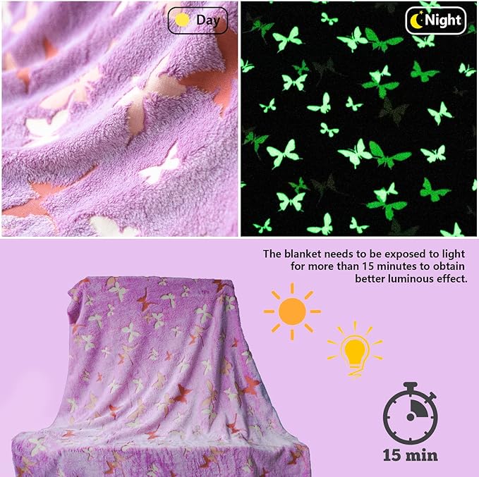 Best Gift Butterfly Glow in The Dark Throw Blanket with Storage Bag, Best Gift Soft Throw Blanket for Girls Boys, Camping Blanket, Gifts for Children Ages 1-10, Kids Blanket, Purple