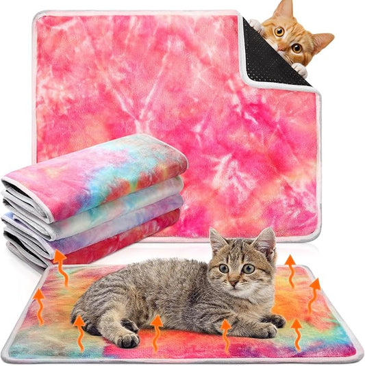 4 Pack Self Heating Cat Bed Cat Self Warming Pad with Removable Cover Extra Warm Thermal Pet Pad Washable Pet Crate Mat Anti Slip Kennel Pad for Indoor Outdoor Pets(Tie Dye,16 x 20 Inches)