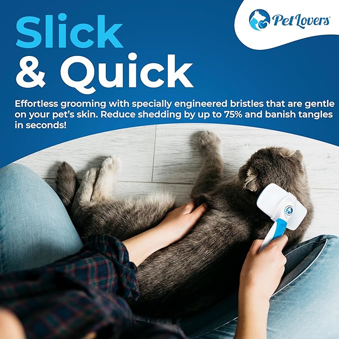 PetLovers EzSlicker Self-Cleaning Brush - Dog Brush for Shedding, Gentle Slicker Brush for Cats, Tangle-Free Grooming Comb with Soft Bristles & Ergonomic Handle for Stress-Free Grooming (White)