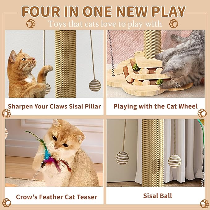 Wood Cat Scratching Post, Cat Tree Scratching Post with Cat Interactive Toy, Cat Scratching Post for Indoor Cats (18In)