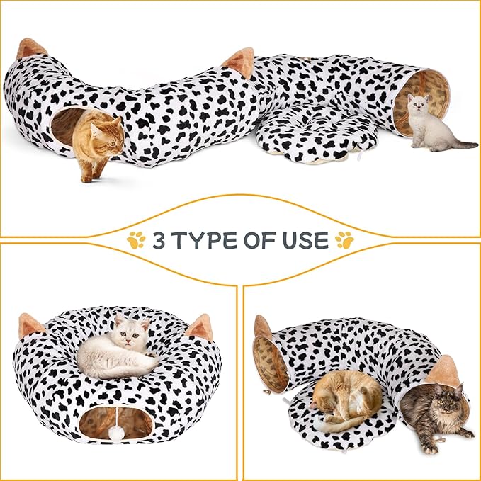 Cat Tunnel Bed for Indoor Cats - Extra Large Round Cat Tube Donut Circle Tunnels with Plush Ball Toy Circular Collapsible Fluffy Cave Cover for Kittens Kitty and Dog