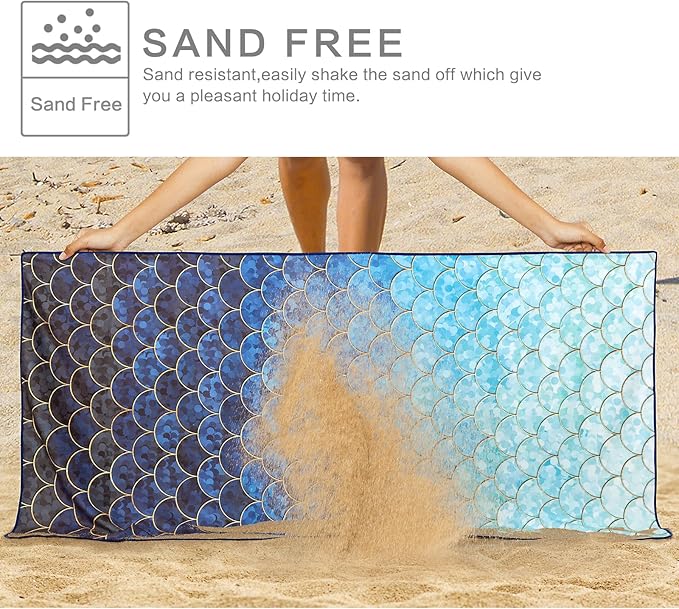 Ombre Blue Beach Towel, Mermaid Beach Tower Cotton Blend Soft Velour Beach Towel Absorbent Bath Towel for Kids Boys Girls Teens Men Women Camping Towel,Gym,Hiking, Pool, Bath, Yoga,Travel Vacation