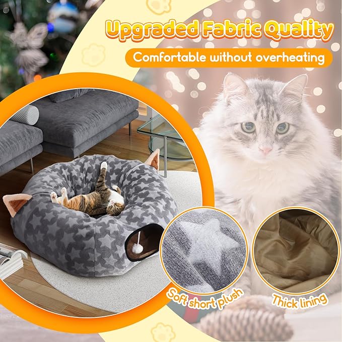 Cat Bed Tunnel Tree Skirt, Round Cave Donut Play Tunnels for Indoor Cats Large, 2 in 1 Soft Plush Mat and S Shape Collapsible Circle Tube with Zippers Hanging Ball Toy