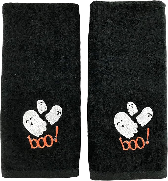 Halloween Bathroom Hand Towels Set of 2 – Cute Boo Ghost Design on Black Cotton - Decorative Bath or Kitchen Holiday Home Décor