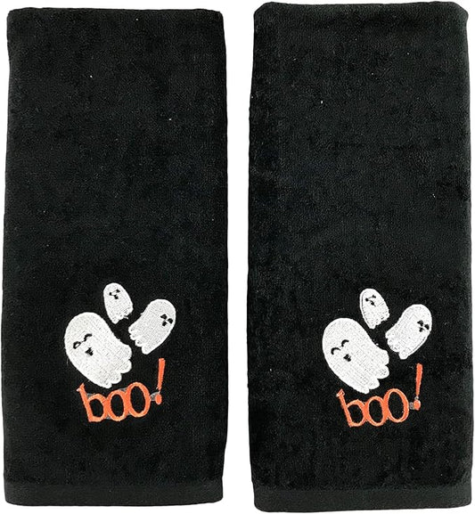 Halloween Bathroom Hand Towels Set of 2 – Cute Boo Ghost Design on Black Cotton - Decorative Bath or Kitchen Holiday Home Décor