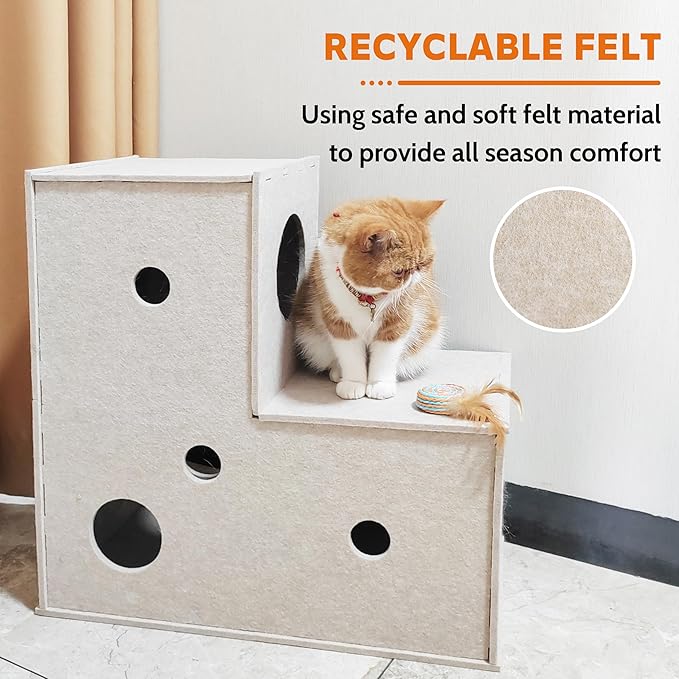 Cat Tunnel, L-Shape Cat Hideaway, Cat Tunnels for Indoor Cats, Grey Soft Felt Cat Toy, Pet Cat Play Tunnel with Interactive Peek Hole