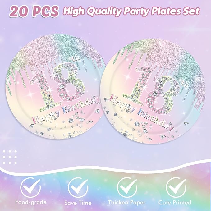 18th Birthday Party Decorations Tableware for Girls, Iridescent Macarons Diamond Happy 18th Birthday Supplies Includes 20 Plates 20 Napkins and 1 Tablecloth for Adult Boys Girls 18 Year Old Bday