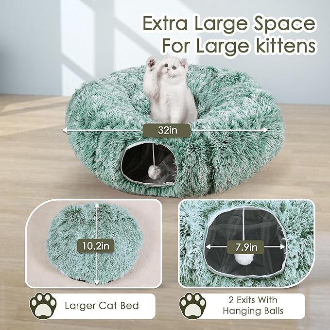 Cat Tunnel Bed for Indoor Cats, Catasaurus Peekaboo Cat Cave with Washable Soft Play Mat, Furry Cat Tube, for Kitten/Puppy/Rabbit, Green