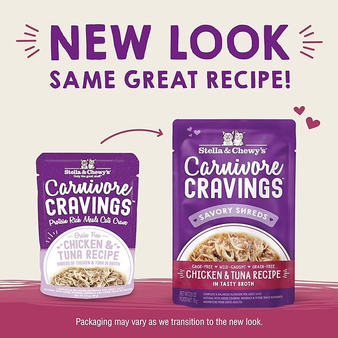 Stella & Chewy's Carnivore Cravings Savory Shreds Wet Cat Food Pouches – Grain Free, Protein Rich Meal, Topper or Treat – Chicken & Tuna Recipe (2.8 Ounce Pouches, Case of 12)