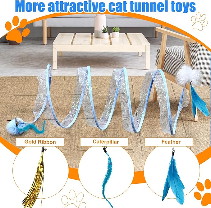 Mity rain Cat Tunnels for Indoor Cats，S Type Foldable Cat Tunnel Toy,Decompression Interactive Cat Springs Toys with Cat Ribbon/Bell/Feather/Pom pom Balls Blue