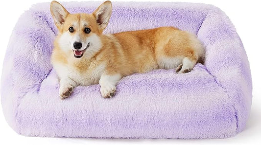 Lesure Dog Bed Medium Size - Cute Furry Calming Puppy Beds, Rectangle Washable Indoor Pet Beds with Removable Zipper Cover, 35x25x11inches, Purple Stripe