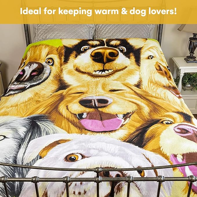 Dawhud Direct Cartoon Selfie Dog Fleece Blanket for Bed 75" x 90" Queen Size Puppy Fleece Throw Blanket for Women, Men and Kids, Super Soft Plush Dog Blanket Throw for Winter