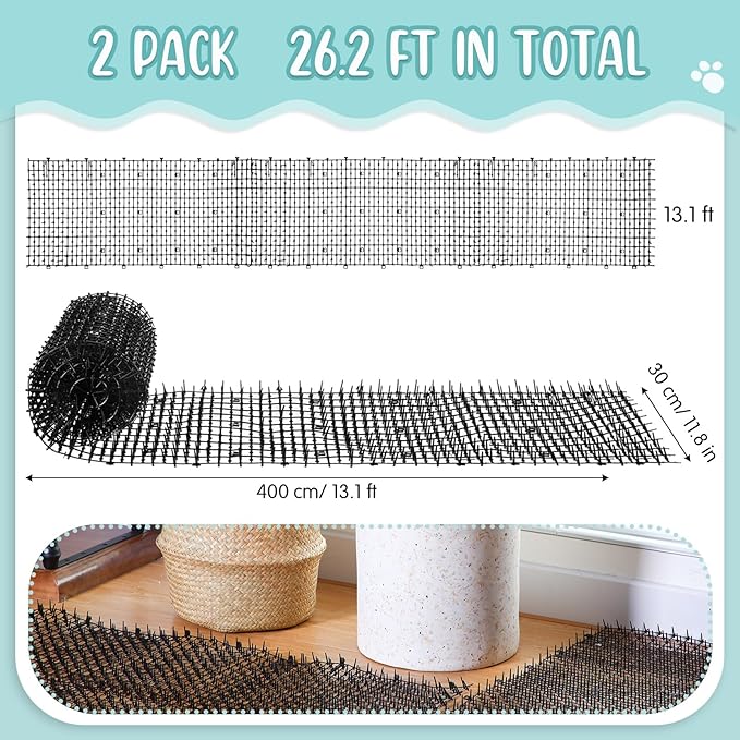 Sanwuta 2 Pcs 26.3 ft Cat Spike Mat Outdoor Cat Deterrent Mat with Spikes Prickle Strips Indoor Dog Digging Deterrent Anti Cats Network Cat Spikes with 10 Staples for Garden Fence (Black)