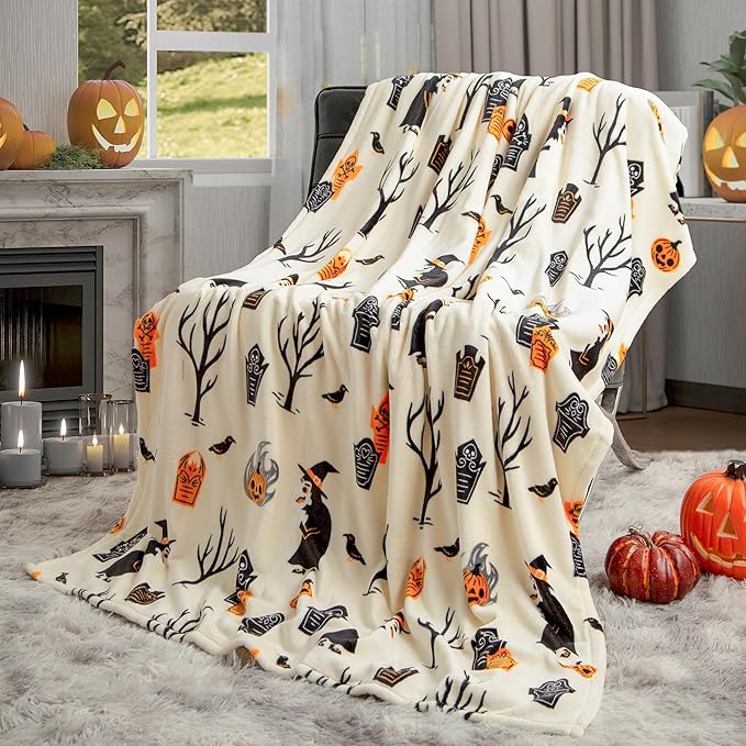 Haunted Halloween Blanket 50” x 70” Reversible Ghost Witch's Hat Print Fleece Throw Blanket, 320 GSM Surper Soft Warm Cozy Fall Blanket for Couch Sofa, Halloween Harvest Gifts and Home Pumpkin Decor