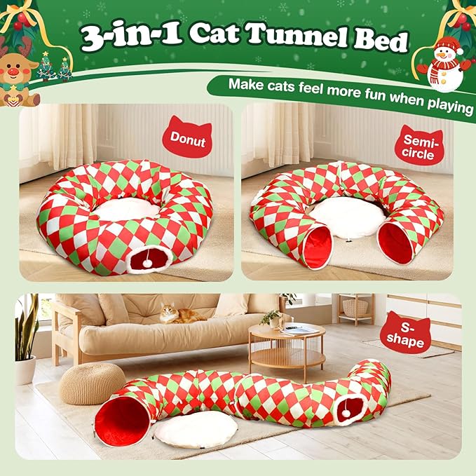 Large Cat Tunnel Bed Cat Peekaboo Cat Cave Donut with Washable Cushion Cat Tunnels for Indoor Cats Festive Decor Perfect for Small Medium Large Cats, Kittens, Rabbit, Ferret