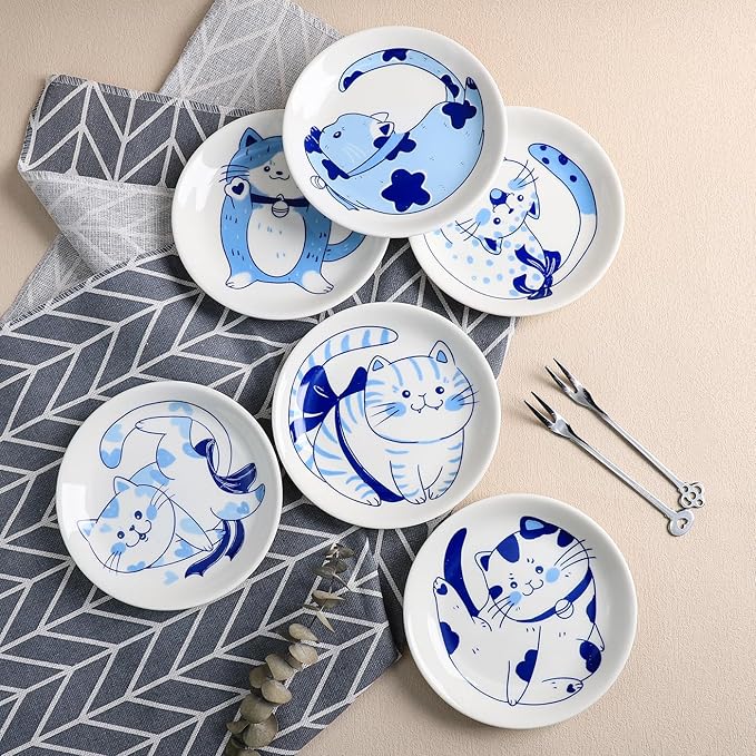 Blue and White Porcelain Vintage Cats Pattern Dessert Plates, Appetizer Plates, Snack Plates Set, Seasoning Dishes, Side Dishes, Saucer Dipping Bowls, 6 PCS-Blue Cats-5 Inch