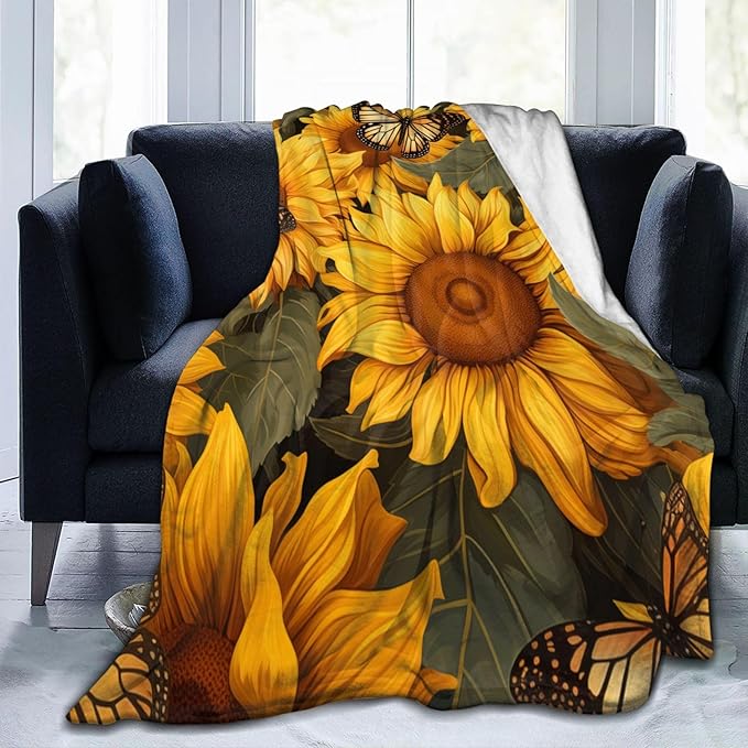 Sunflower Butterfly Blanket Gifts for Grils Women Floral Flannel Throw Blankets for Home Couch Bed Sofa Soft Fuzzy Lightweight Decor All Season 60x50 Inches