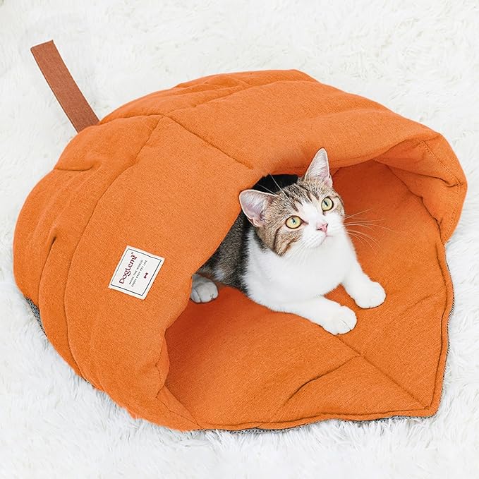 Cat Sleeping Bag,Cozy Cat Bed Cave Leaf Nest,Linen Fabric Pet Cuddle Zone,Covered Hide Warm Burrowing Soft Durable Washable Cat Bed for Indoor Puppy and Kitten(Maple Leaf Orange)