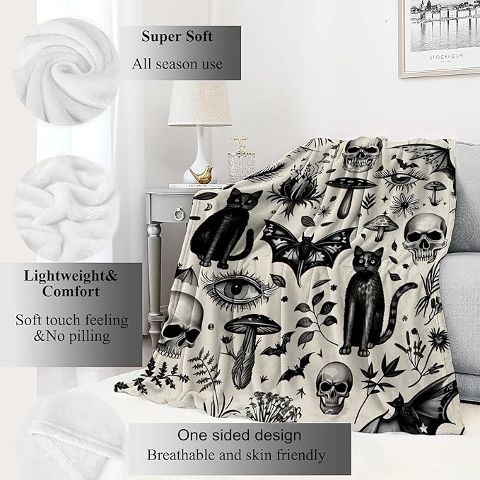 Spooky Goth Blanket Gothic Black Cats, Skulls, and Bats Throw Blankets Gifts for Girls Boys Adults Lightweight Soft Fleece Cozy for Sofa Couch Bed Room Travel Birthday Halloween Decor 50x60in