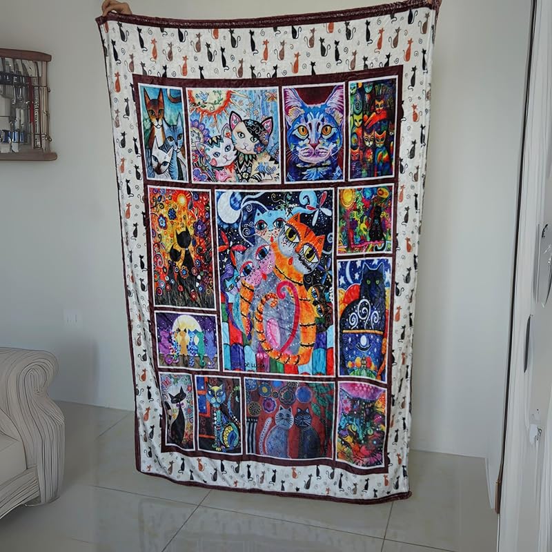 Throw Blanket - Colorful Cat Design Boho Blanket, Ultra Soft Rustic Quilt For Sofa, Couch, Bed, Bath Towels - Lightweight Bohemian Blankets - Cute Decorative Throw Coverlet (39x59 inch)