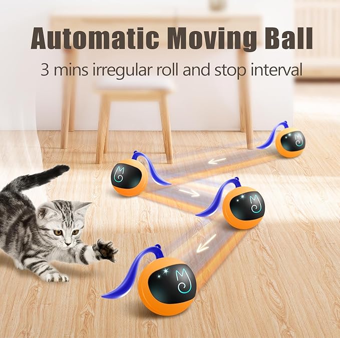 Migipaws Interactive Cat Ball Toy Set, Fun Tracker, Automatic Rolling Chase Ball with Fluffy Tail, A Small Mice, Rechargeable（Orange）