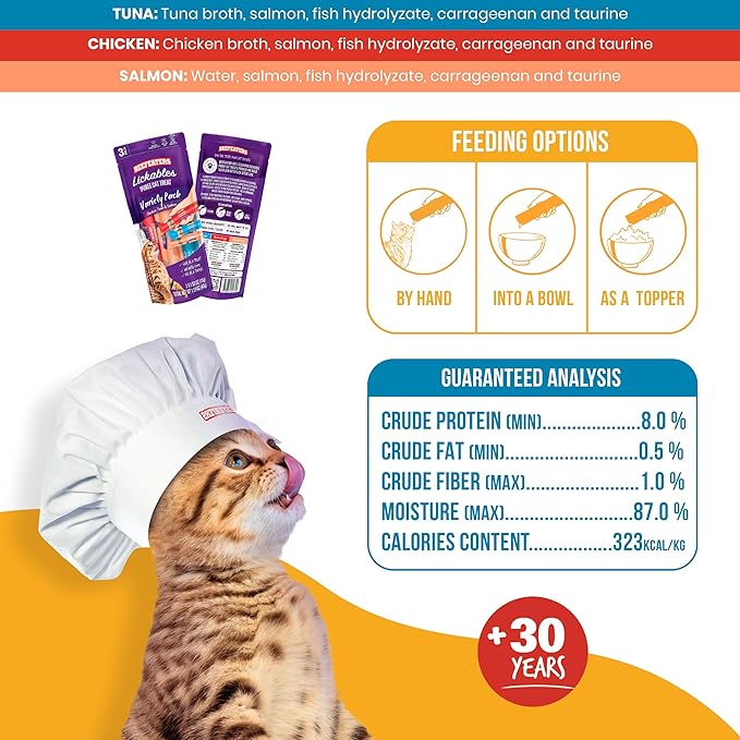 Beefeaters Cat Treats - Variety Pack Lickable Puree 1.59oz, Case of 12 | Cat Food Salmon, Tuna, Chicken | Grain-Free, Taurine-Enriched | Training Treats - Interactive Feeding | Wet/Dry Food