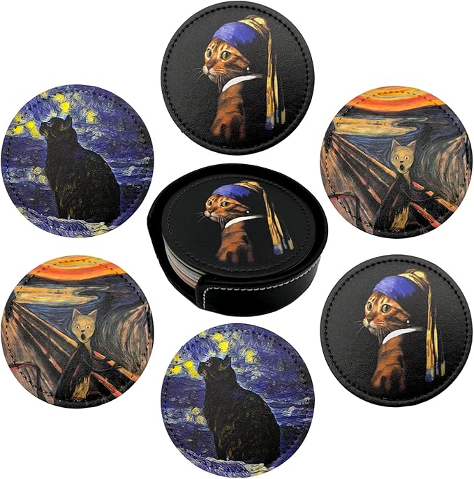 Cat Art Coasters for Drinks with Holder Leather Coasters Set of 6 for Coffee Table